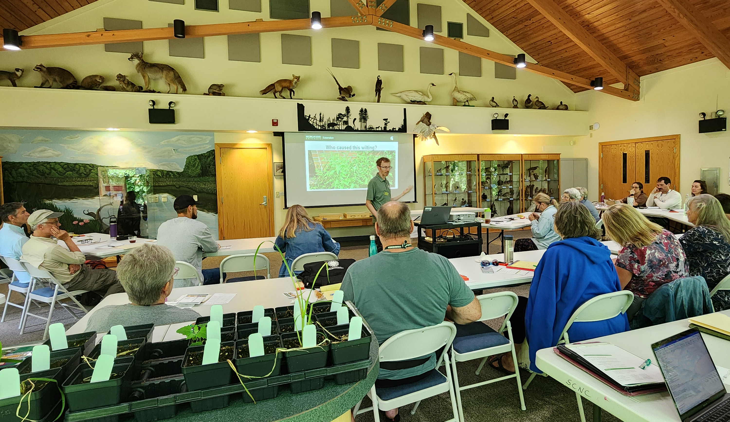 A person standing at the front of a classroom teaching a lesson to people sitting at tables.